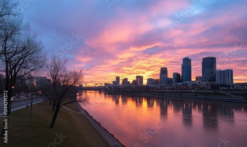 Wallpaper Mural A vibrant sunrise casts a warm glow over a cityscape reflected in a calm river. Torontodigital.ca