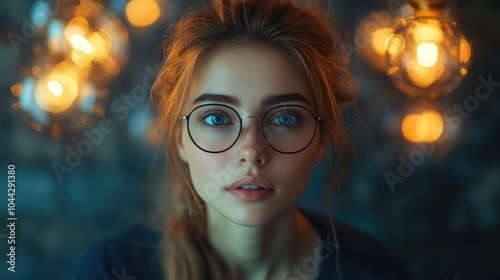 Portrait of a Young Woman with Blue Eyes and Glasses in Front of Blurred Lights