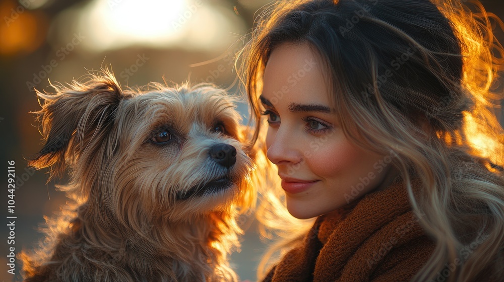 Woman and Dog Looking at Each Other in Golden Light Woman and Dog Looking at Each Other in Golden Light