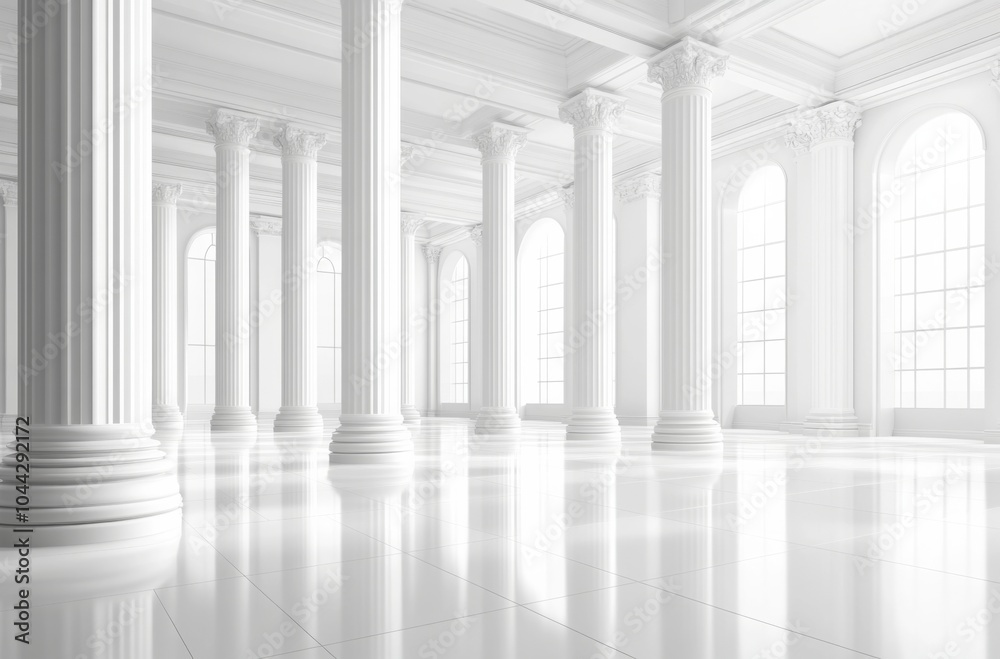 Obraz premium Vector Illustration of a White, Empty Room with Large Columns, Showcasing Modern Interior Design for an Office or Industrial Building