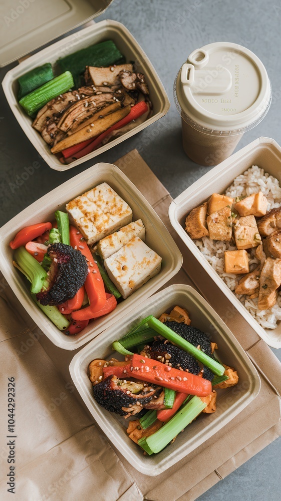 Healthy takeaway meal in eco-friendly containers with beverage cup Healthy takeaway meal in eco-friendly containers with beverage cup