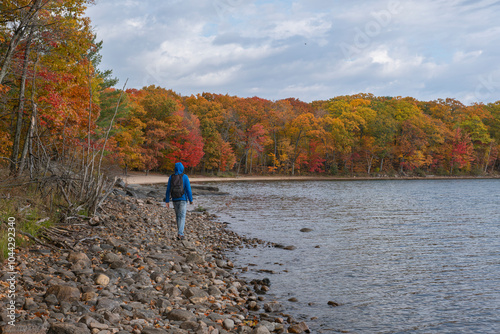 Man walks on the rocky lake shore beach with colorful fall trees in the background. Killbear Provincial Park, Ontario, Canada. photo