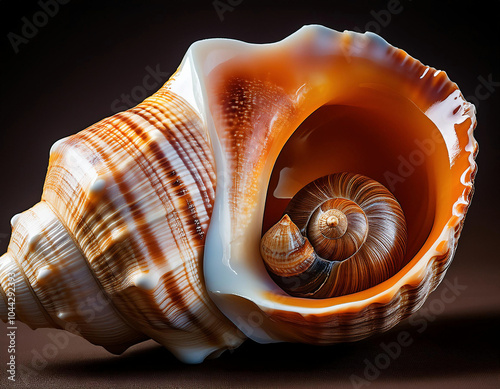 Queen conch with a snail inside in dark background photo