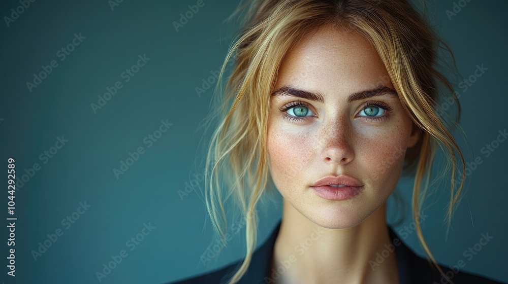 Naklejka premium Close-up Portrait of a Woman with Blonde Hair and Blue Eyes