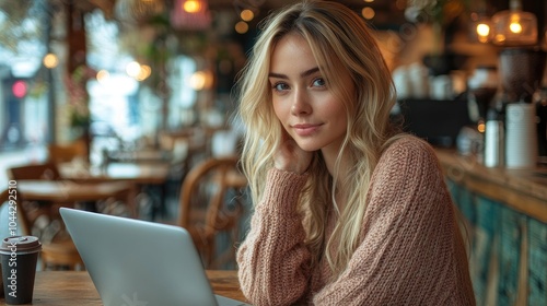 Blonde Woman with Long Hair Sitting at a Cafe Table with a Laptop