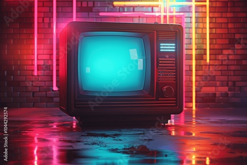 Retro TV in Dark Room with Neon Light and Colorful Music Waves