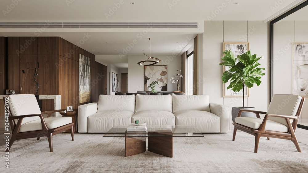 Fototapeta premium Contemporary Modern living room with white sofa, wooden accents, and large windows.