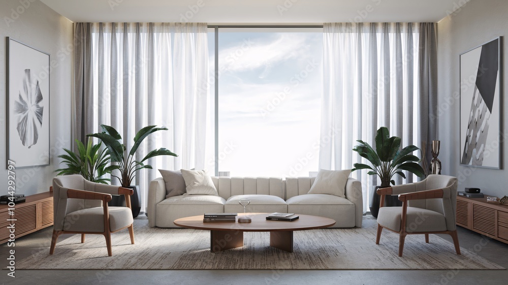 Fototapeta premium Contemporary Modern living room with large windows, a white sofa, two armchairs, and a coffee table.