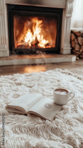 Cozy Scene with Fluffy Rug by a Roaring Fireplace