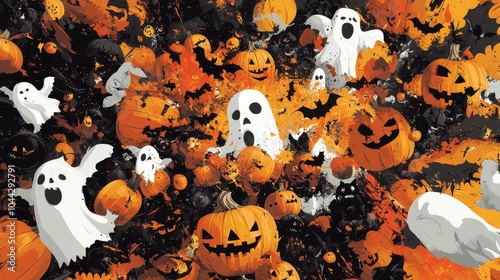 A chaotic Halloween scene with jack-o'-lanterns, ghosts, and bats photo