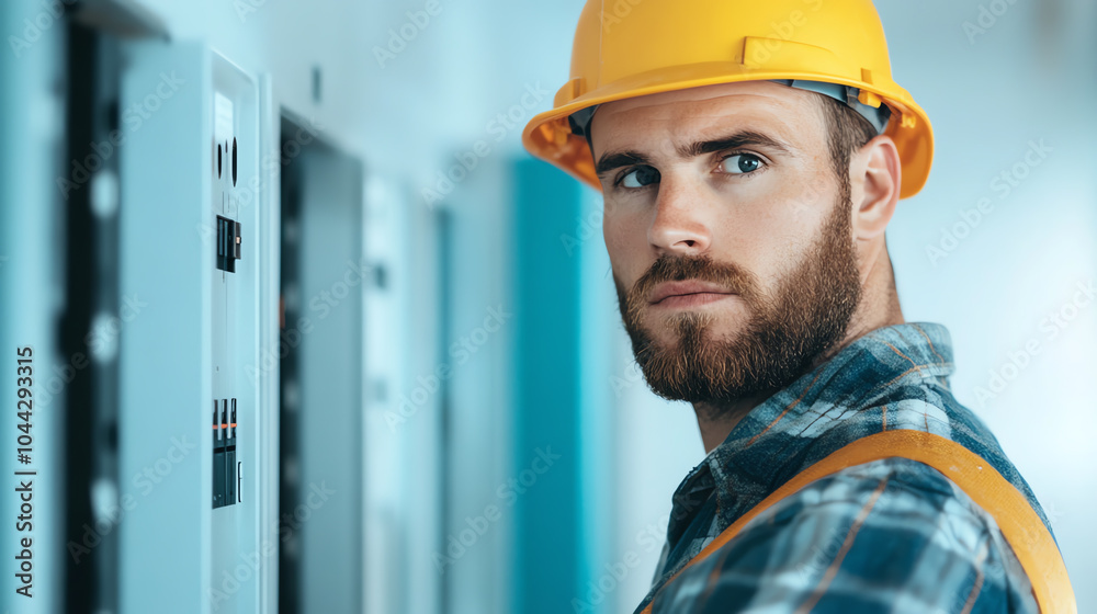 A focused male electrician wearing a hard hat and checked shirt, inspecting electrical panels in a modern workplace. A focused male electrician wearing a hard hat and checked shirt, inspecting electrical panels in a modern workplace.