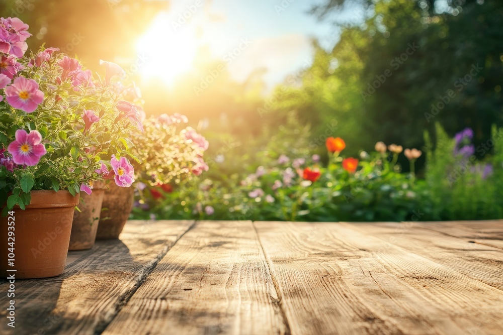 Wooden Tabletop with Blooming Flowers in a Garden Setting at Sunset Wooden Tabletop with Blooming Flowers in a Garden Setting at Sunset