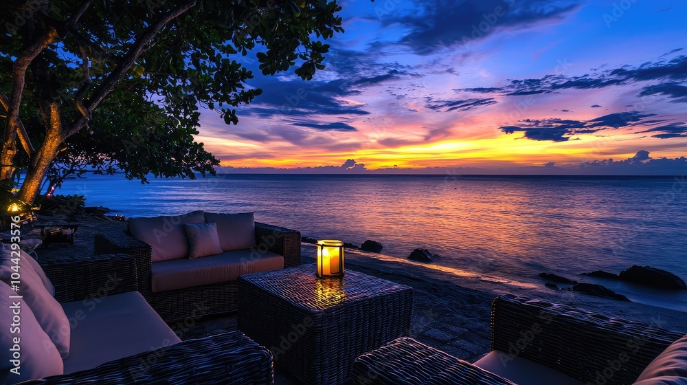 Fototapeta premium Serene Outdoor Lounge by the Seaside at Sunset