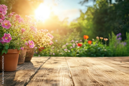 Wooden Tabletop with Blooming Flowers in a Garden Setting at Sunset