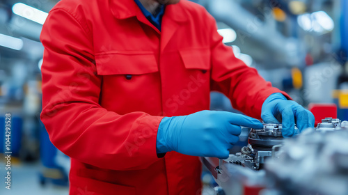 A focused worker in a red jacket and blue gloves, carefully assembling mechanical components in a factory environment. photo