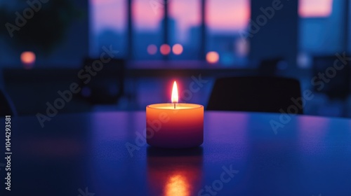 A Single Lit Candle on a Table Against a Blurred Cityscape at Dusk