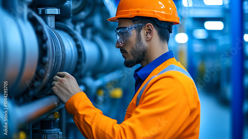 A focused worker in an orange safety uniform and helmet inspects machinery in a mechanical facility, promoting safety in industrial environments. photo