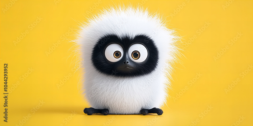 Fototapeta premium Banner showing fluffy, adorable, animated creature antics against bright yellow minimalistic background, filled with charm, and inviting cheerful looks image