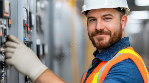 A smiling electric technician in a safety helmet and vest, working on control panel equipment in a bright industrial setting. photo