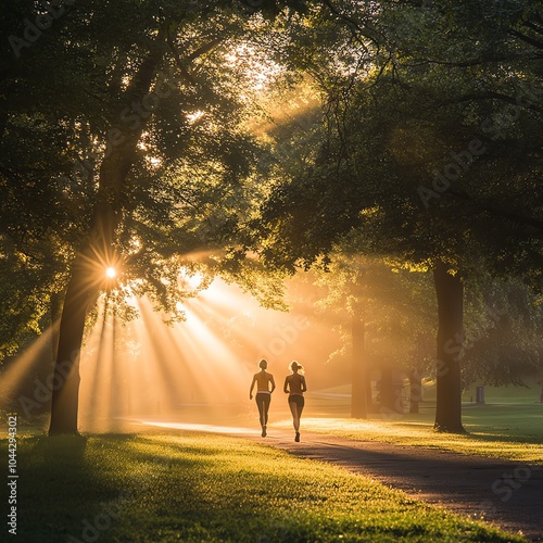 Fototapeta Naklejka Na Ścianę i Meble -  A young couple jogging in a park during sunrise, healthy lifestyle, dynamic motion, sun rays breaking through trees, vibrant and natural colors, showing fitness and well-being, clear sky, crisp image