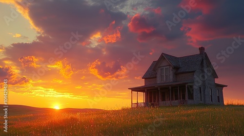 Scenic Farmhouse with Vibrant Sunset in Background