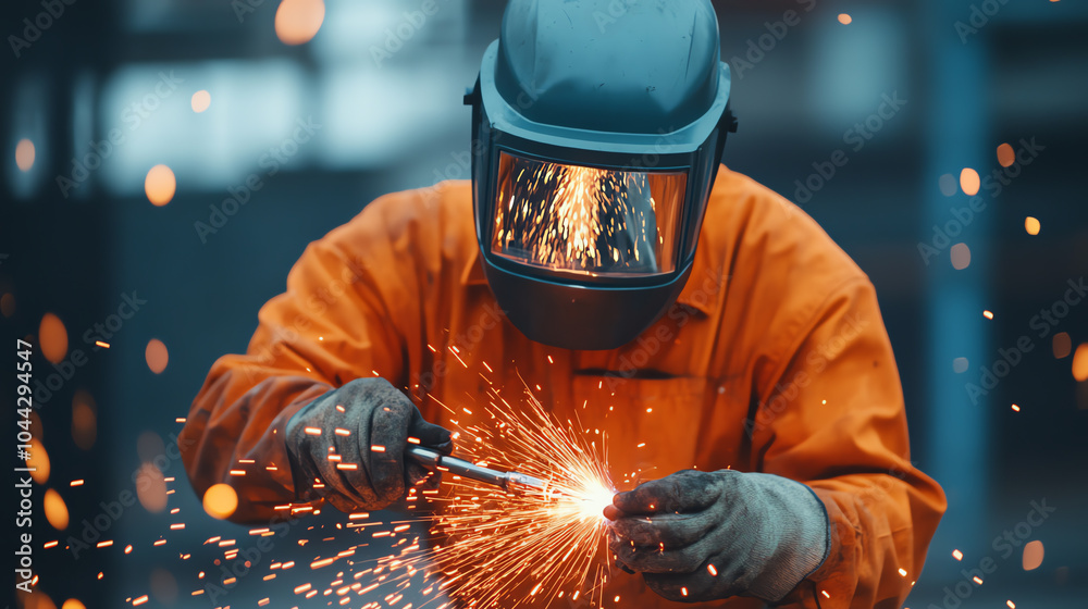 A welder in protective gear creates sparks while working, showcasing the artistry and precision required in metal fabrication and welding processes. A welder in protective gear creates sparks while working, showcasing the artistry and precision required in metal fabrication and welding processes.