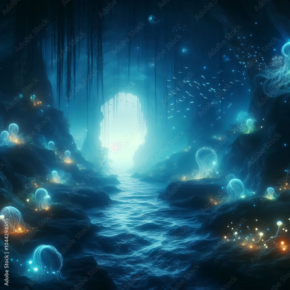 Fototapeta premium Mystical underwater cave with glowing sea creatures