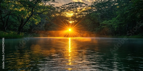 Sunset Over a Tranquil Forest Lake with Sunbeams Reflecting on the Water