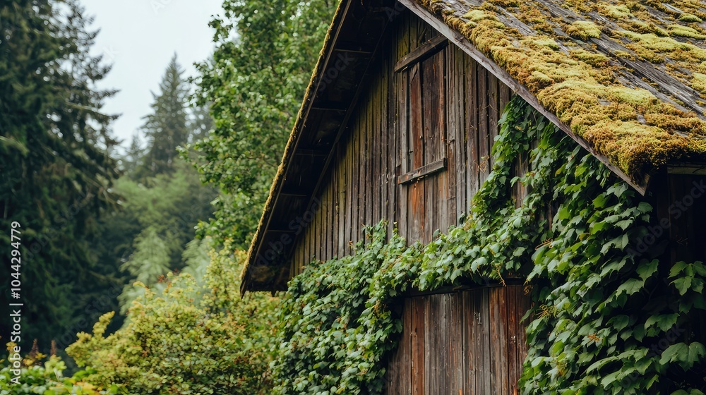 Rustic Barn with Wooden Gutters and Mossy Roof