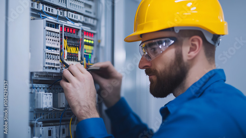 Obraz na płótnie An electrician wearing a yellow hard hat working on a control panel, focused on the circuitry and connections in an industrial setting. w salonie