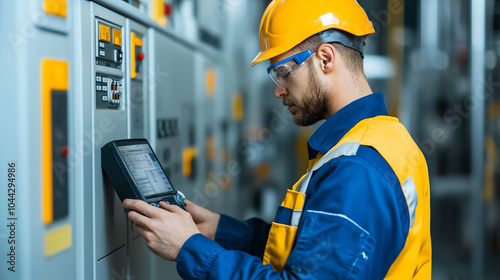 Electrician monitoring equipment with a digital device, wearing safety gear in a facility. Focused on maintenance and operational efficiency.