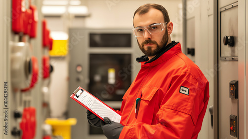 Worker in safety gear inspecting equipment in a control room. Focused professional overseeing operations for safety and efficiency. photo