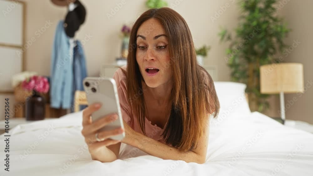 Young, woman, brunette, lying, bed, holding, smartphone, indoors, bedroom, modern Young, woman, brunette, lying, bed, holding, smartphone, indoors, bedroom, modern