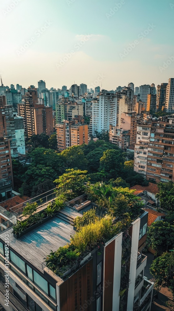 Fototapeta premium Modern Rooftop Garden in Vibrant Cityscape
