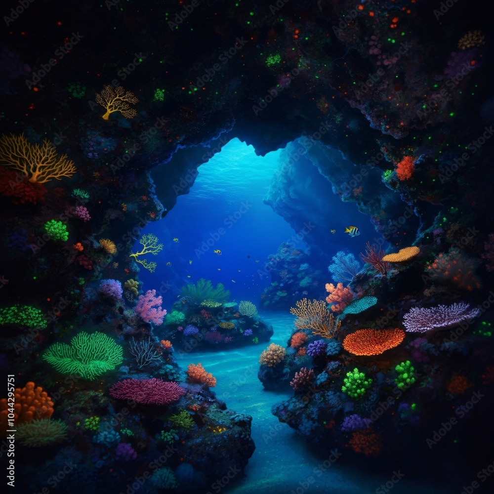 Fototapeta premium Mystical underwater cave with glowing sea creatures