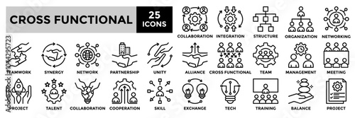 Cross functional icon collection set. Containing teamwork,collaboration,skill,project,management icon. Simple black fill vector illustration.