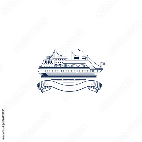 Vintage Cruise Ship Vector Illustration with Ribbon Banner