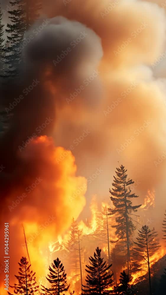 Forest wildfire with intense flames and smoke, environmental crisis concept Forest wildfire with intense flames and smoke, environmental crisis concept