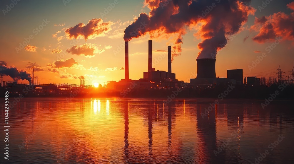 Sunset Over Power Plant with Reflections on Water Sunset Over Power Plant with Reflections on Water