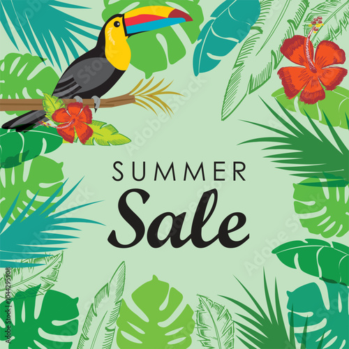 Tropical Summer Sale Banner with Toucan, Palm Leaves and Floral Jungle Vector Illustration