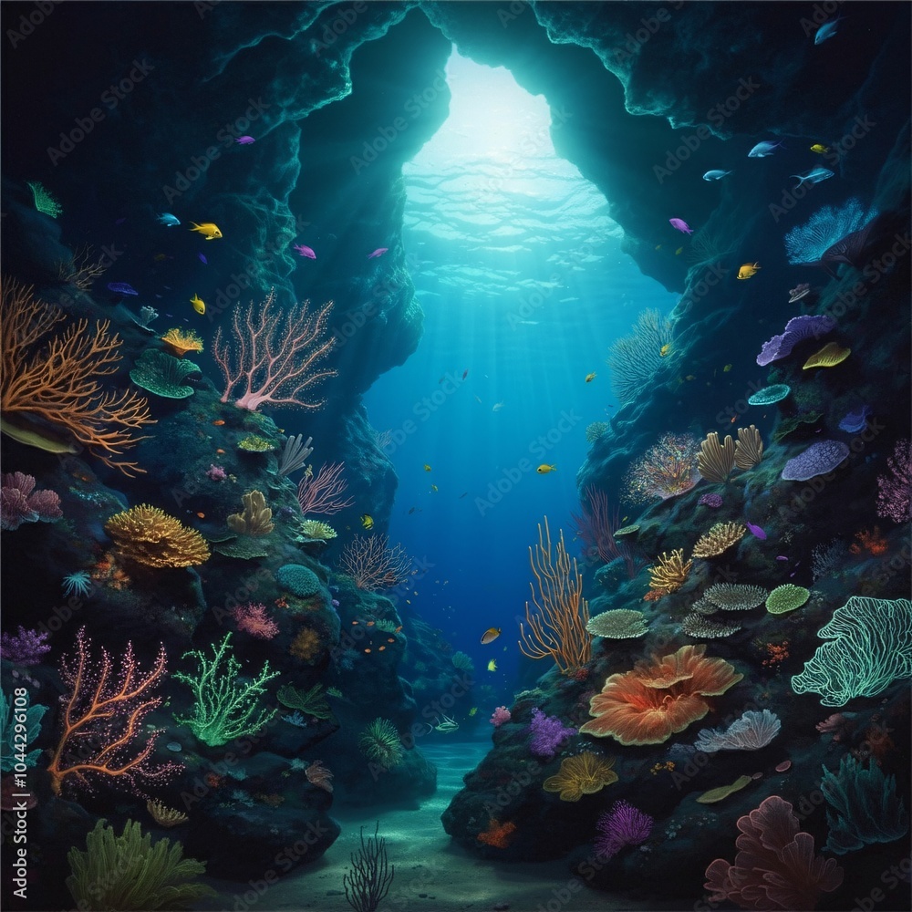 Obraz premium Mystical underwater cave with glowing sea creatures