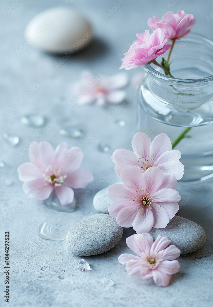 A serene minimalist spa composition showcasing delicate cherry blossoms and tranquil stones for relaxation A serene minimalist spa composition showcasing delicate cherry blossoms and tranquil stones for relaxation