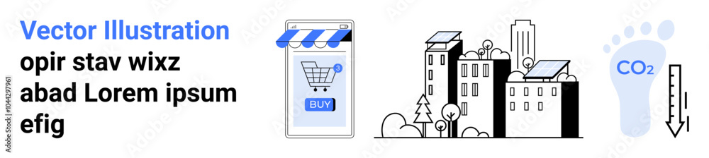 Mobile device with shopping app, urban buildings, declining carbon footprint graph. Ideal for e-commerce, technology, urban development, sustainability, eco-friendly practices. Banner for landing Mobile device with shopping app, urban buildings, declining carbon footprint graph. Ideal for e-commerce, technology, urban development, sustainability, eco-friendly practices. Banner for landing