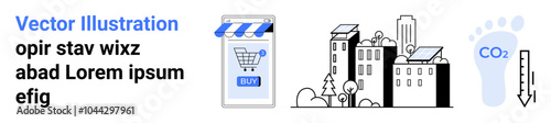 Mobile device with shopping app, urban buildings, declining carbon footprint graph. Ideal for e-commerce, technology, urban development, sustainability, eco-friendly practices. Banner for landing