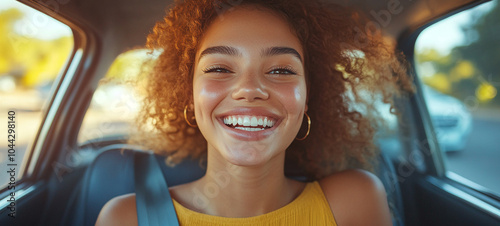Joyful adventure overjoyed woman tourist relishes a scenic car ride alone with a radiant smile