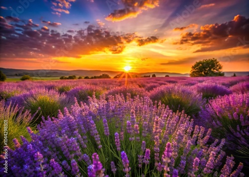 Ripe Violet Lavender Bushes Silhouetted in a Meadow at Sunset - Tranquil Nature Scene for Stock Photography