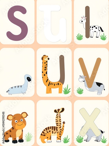 Alphabet printable flashcards vector collection with letter S T U V W X. Zoo animals for english language education. photo