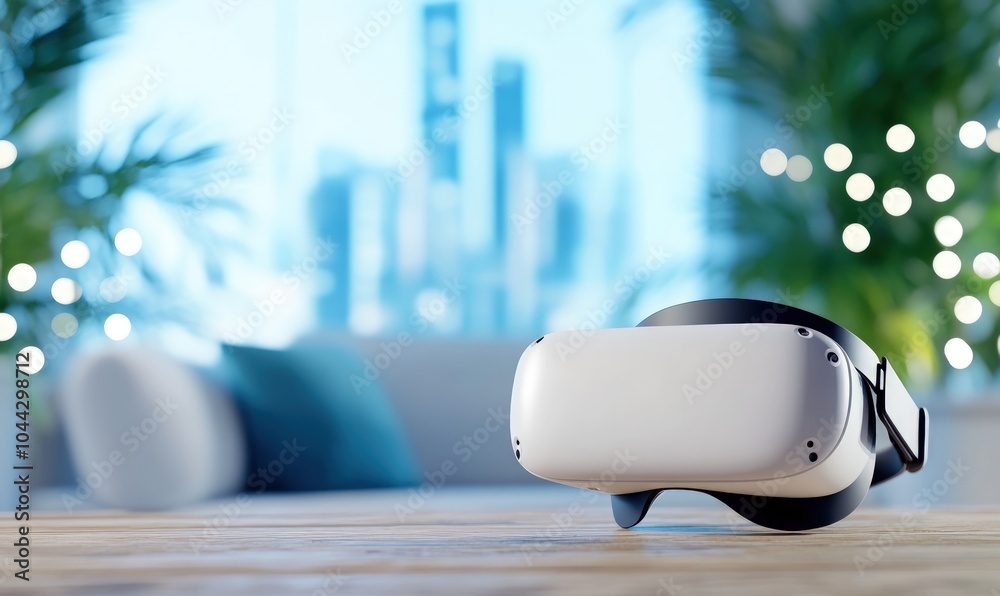 A white VR headset on a wooden table with a blurry city skyline in the background.