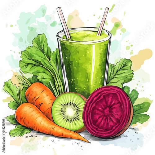 Fresh green smoothie with carrots, kiwi, and beet.