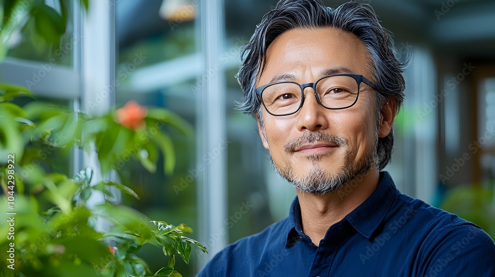 Fototapeta premium Cheerful middle aged man standing in a bright sunlit room basking in the warm indoor daylight with a serene contented expression on his face